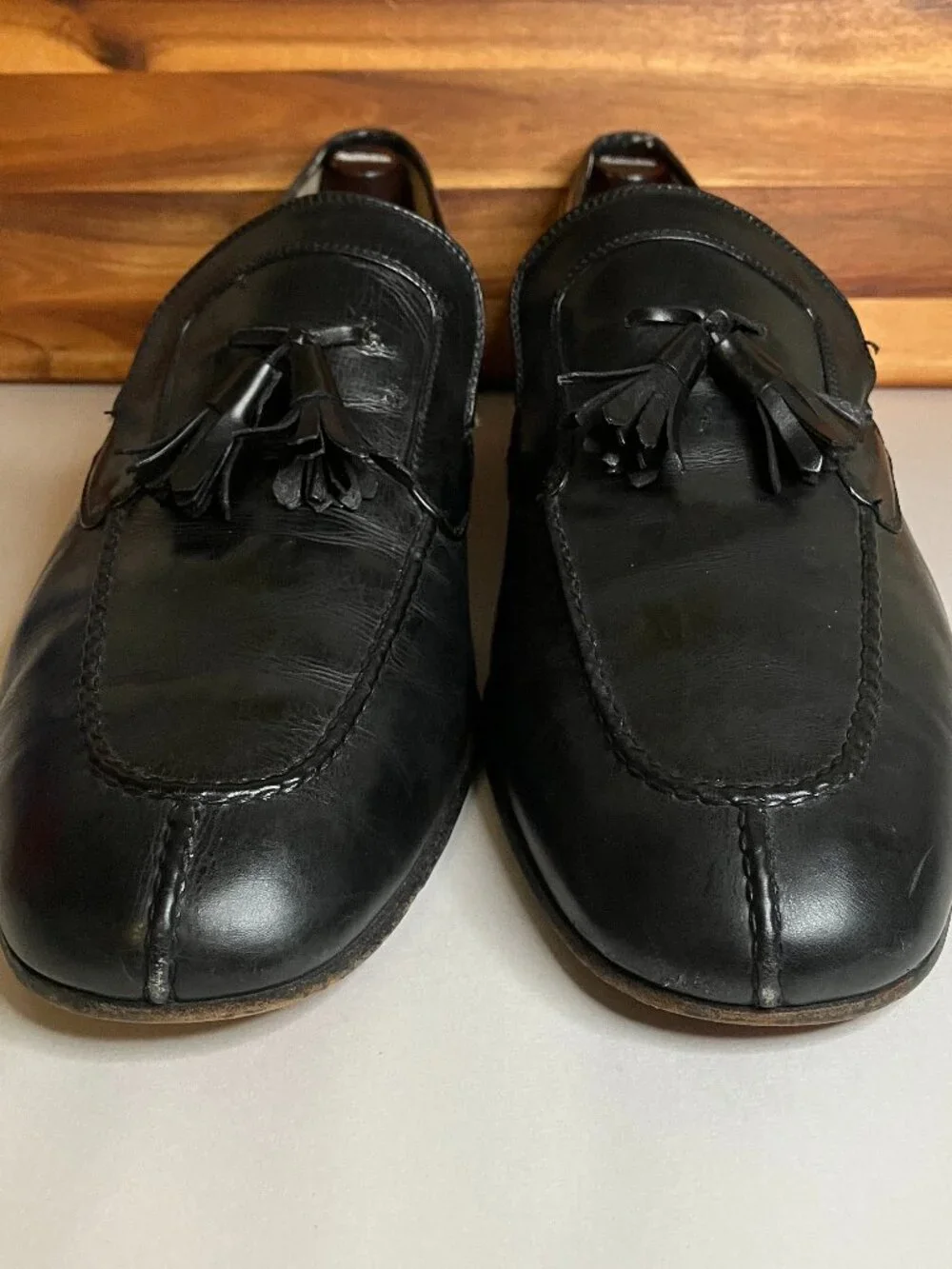 Vtg 70s Gucci Black Leather Tassel Loafers Kiltie Men's 10.5 Cursive Label Italy